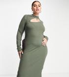 Asos Design Curve Ribbed Dress With Asymmetric Cut Out Detail And Long Sleeves With Thumbholes-green