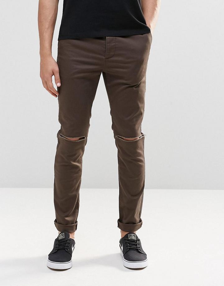 Asos Skinny Cotton Pants With Knee Rip In Khaki - Turkish Coffee