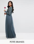 Maya Petite Plunge Front Long Sleeve Maxi Dress In Tonal Delicate Sequin And Tulle Skirt - Blue