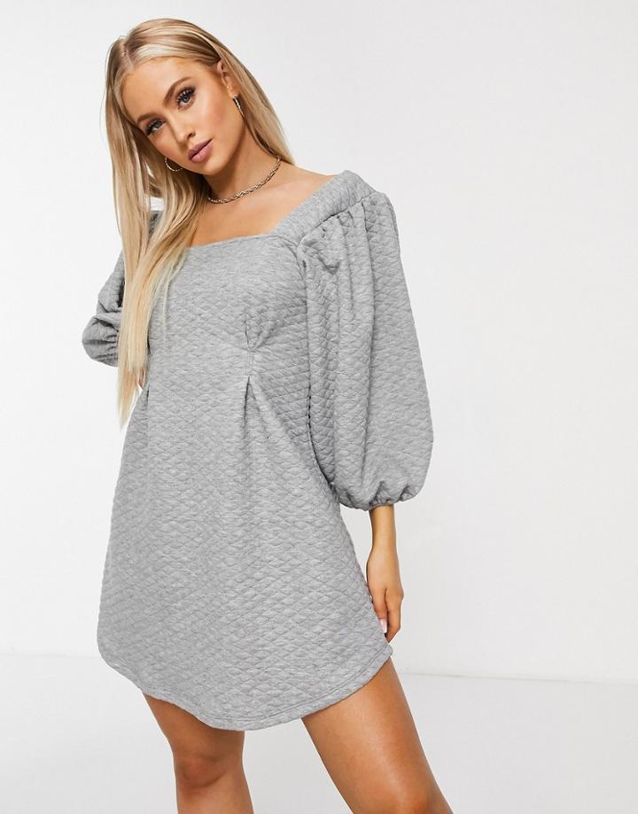 Asos Design Mini Quilted Puff Sleeve Dress In Gray Marl-grey