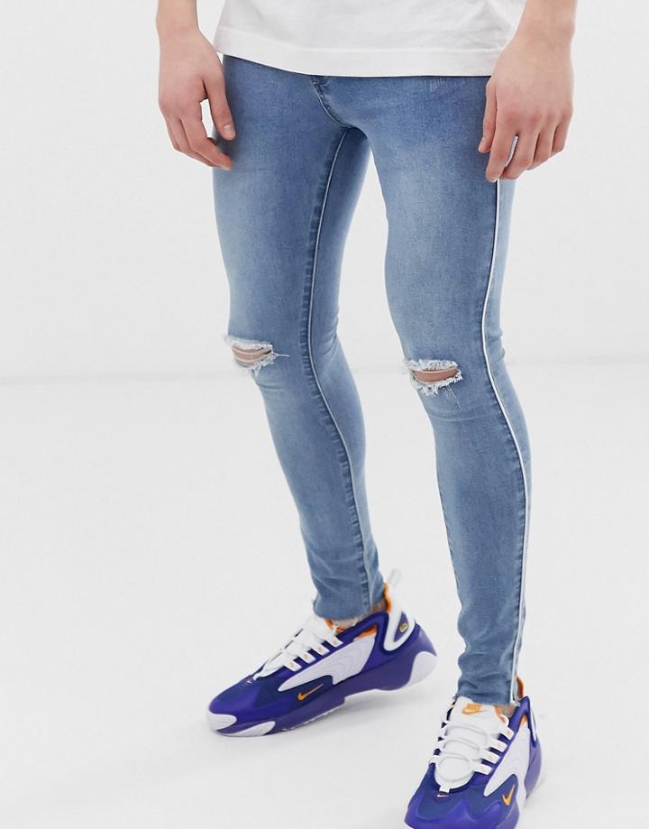 Boohooman Super Skinny Jeans With Side Piping In Blue Wash - Blue