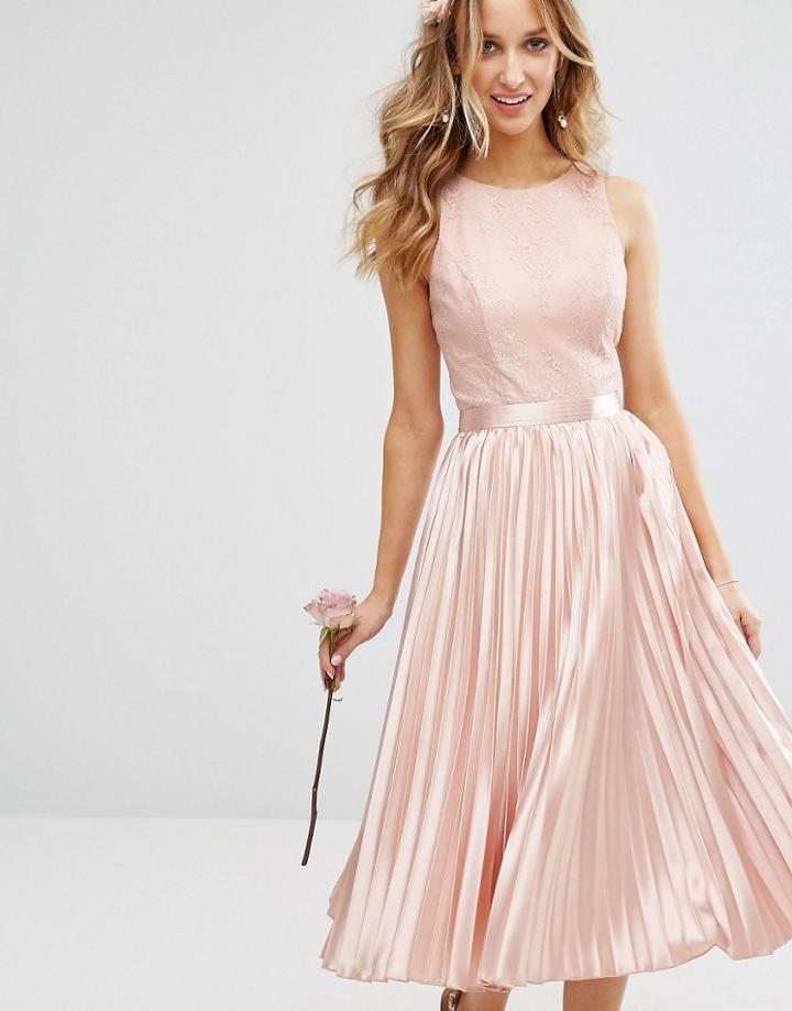 Chi Chi London Lace Bodice Midi Dress With Pleated Satin Skirt - Pink