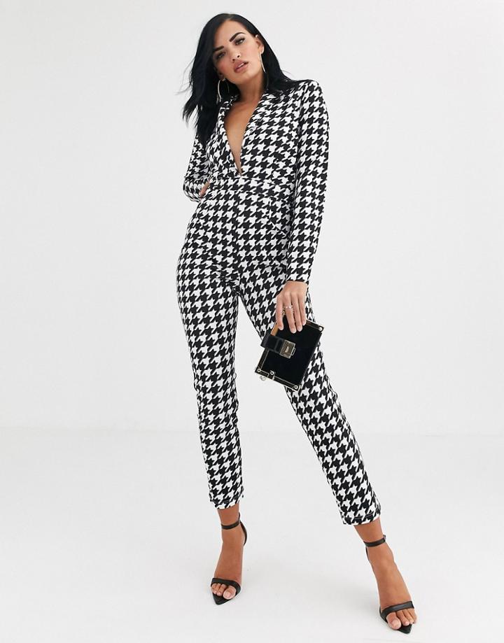 Asos Design Plunge Tux Jumpsuit In Houndstooth Print