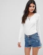 Only Rib Lace Up Chest Long Sleeved Top - White