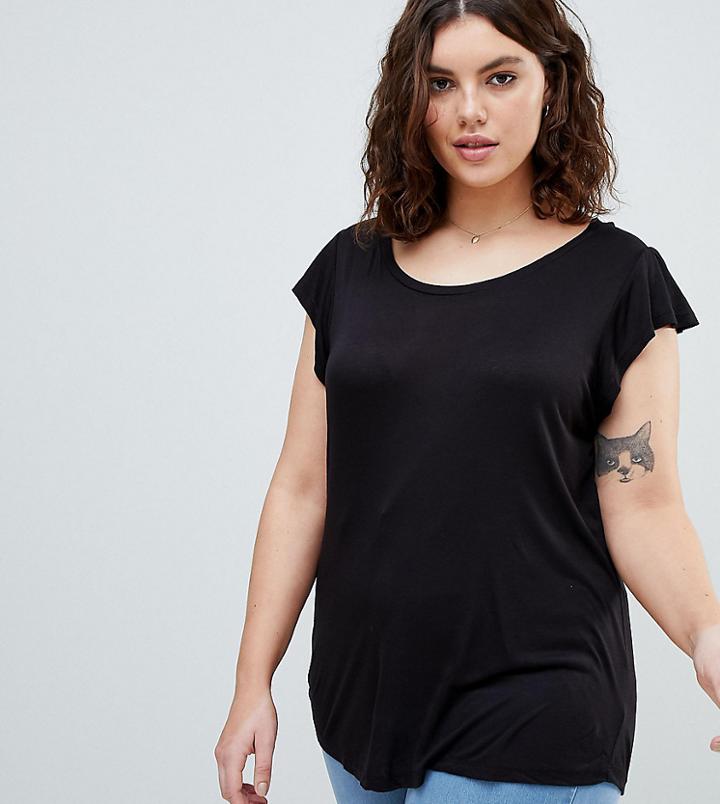 Brave Soul Plus Lisbon Frill Sleeve T Shirt - Black
