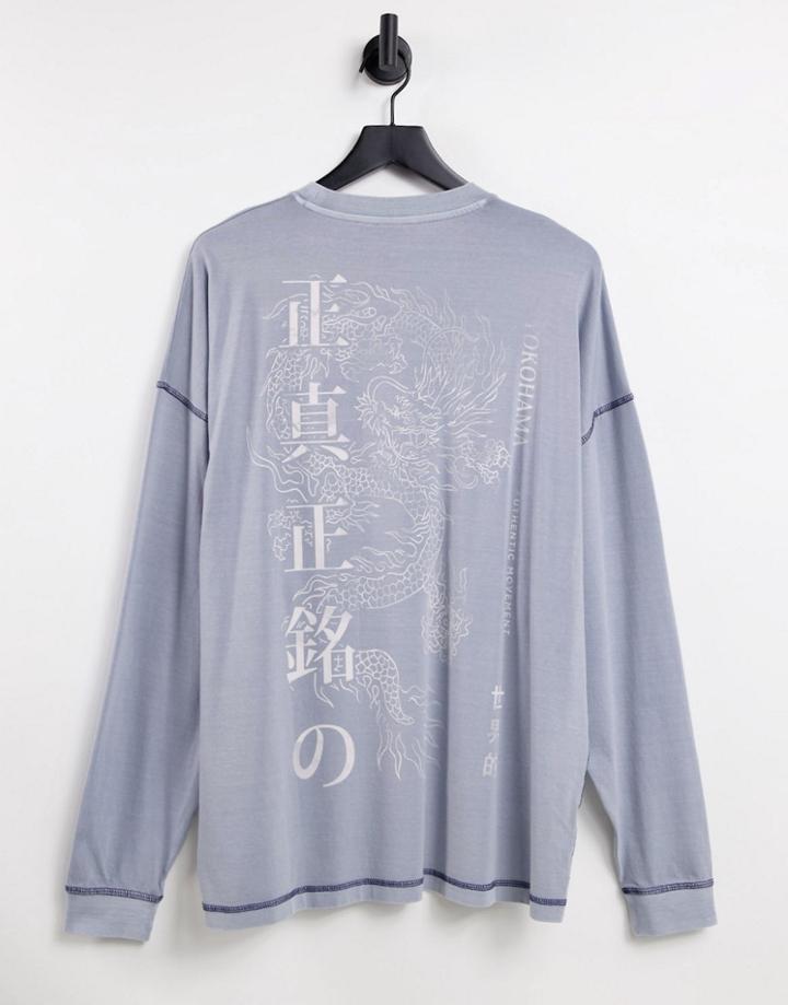 Asos Design Oversized Long Sleeve T-shirt In Washed Gray With Souvenir Back Print & Contrast Seams