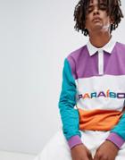 Asos Design Rugby Long Sleeve Polo Shirt With Color Block Panels And Paraiso Embroidery - White