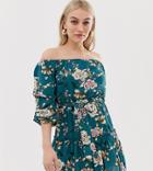 Parisian Petite Off Shoulder Floral Print Dress With Self Tie Belt-blue