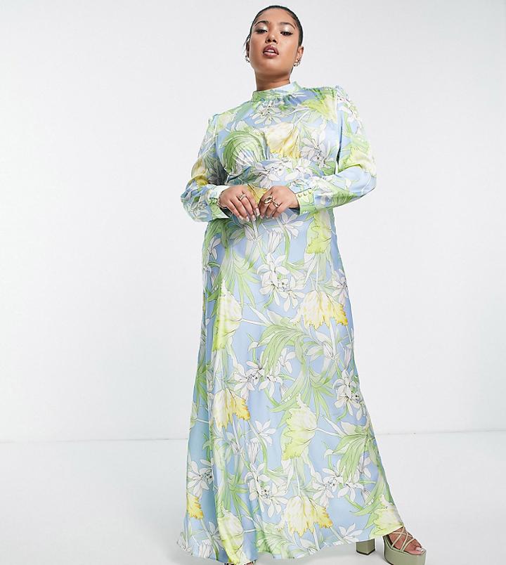 Asos Design Curve High Neck Maxi Satin Tea Dress In Large Floral-multi