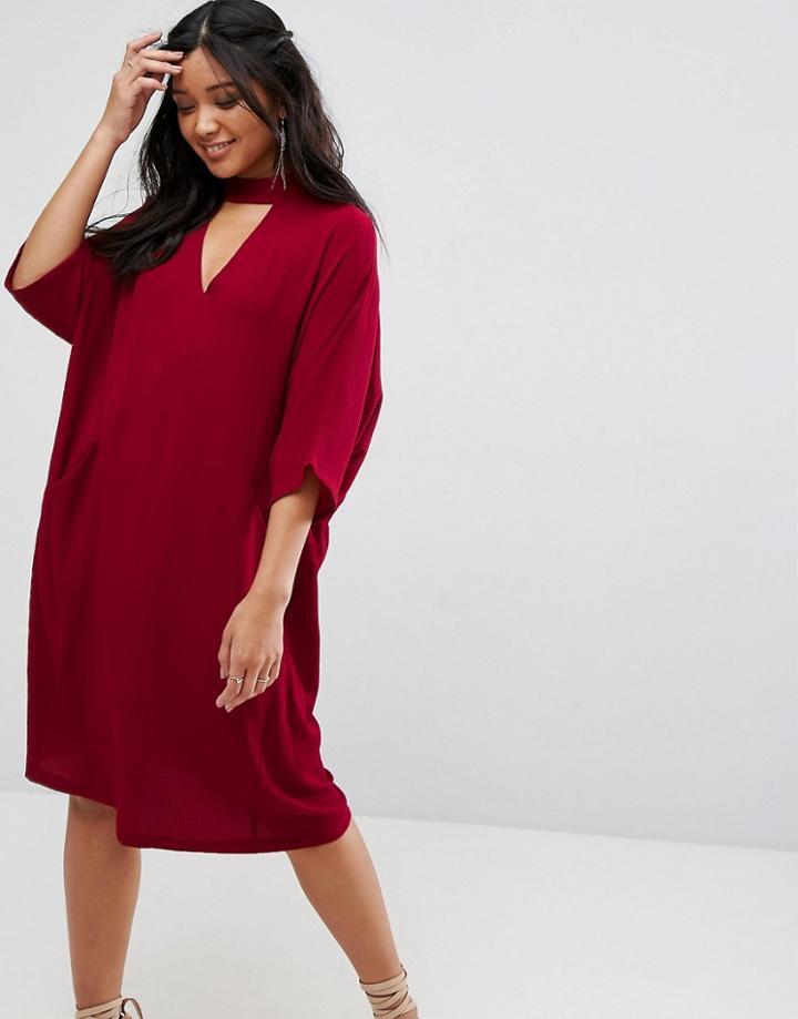 Liquorish Oversize Midi Dress With Choker Neck And Pockets - Red