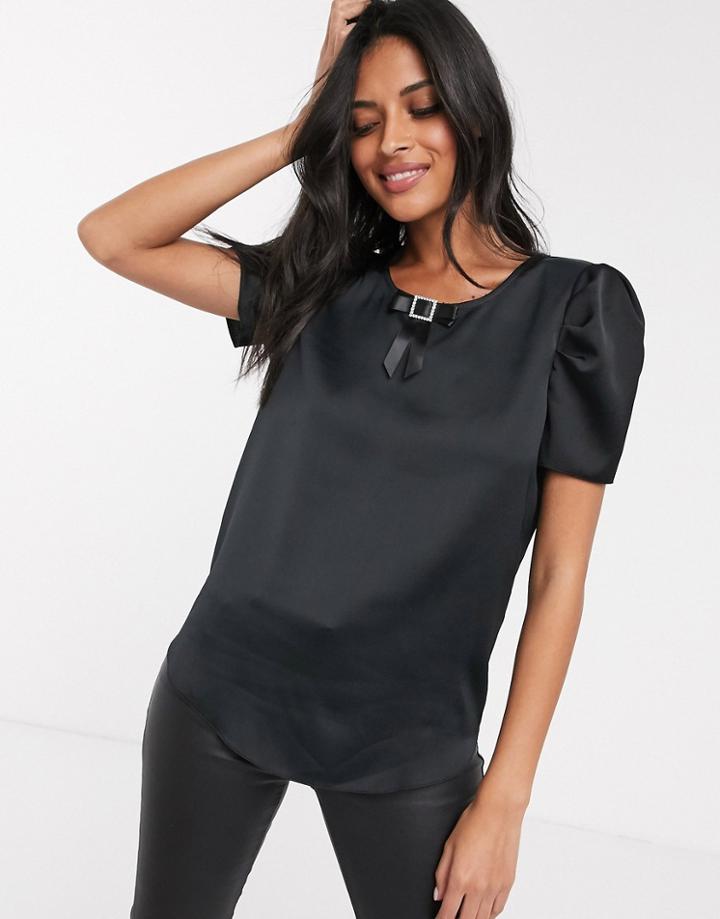 River Island Short Sleeve Satin Blouse With Bow Detail In Black