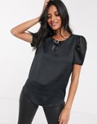 River Island Short Sleeve Satin Blouse With Bow Detail In Black