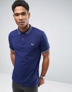 Fred Perry Slim Pique Polo Shirt Tramline Tipped In Navy - Blue