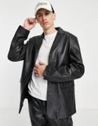 Asos Design Real Leather Blazer Jacket In Black