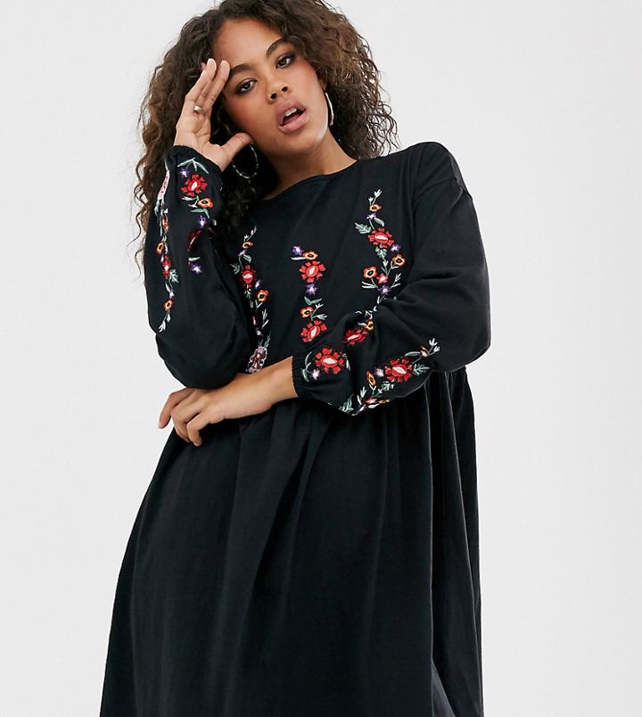 Asos Design Tall Embroidered Smock Mini Dress-black