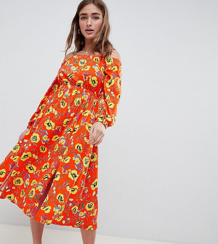 Asos Design Petite Off Shoulder Midi Dress In Red Floral-multi