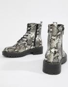 New Look Lace Up Flat Hiker Boots In Snake Print - Black