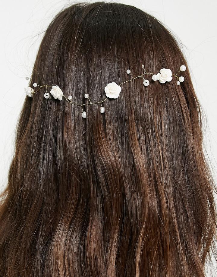 Asos Design Back Hair Crown With Pearl And Floral Detail In Gold Tone