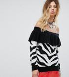 Sacred Hawk Off Shoulder Sweater In Zebra Print - Multi