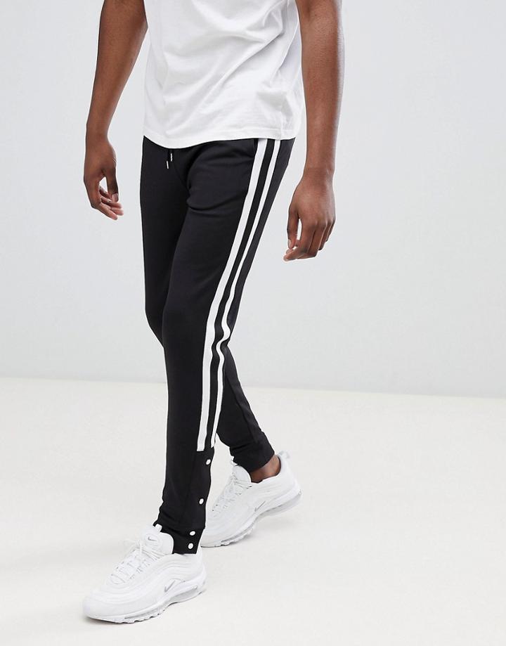 Asos Design Skinny Retro Track Joggers In Black With Side Stripe And Popper Hem - Black