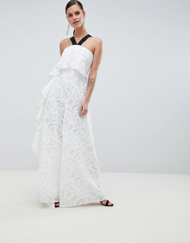 Asos Design Occasion Contrast Lace Jumpsuit With Waterfall Side - White