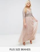 Lovedrobe Luxe 3/4 Sleeve V Neck Maxi Dress With Delicate Sequin And Tulle Skirt - Pink