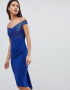 City Goddess Off The Shoulder Sequin Midi Dress - Blue