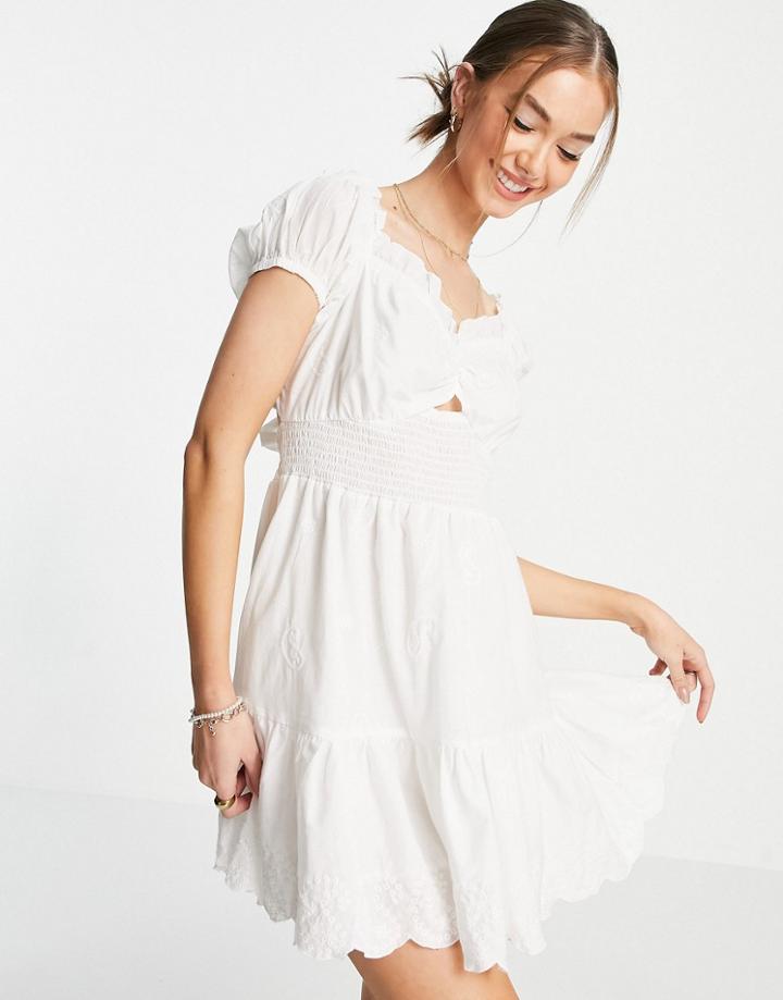 River Island Broderie Puff Sleeve Shirred Mini Beach Dress In Cream-white