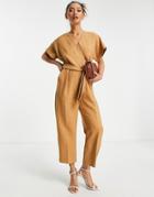 Closet London Tie Waist Wrap Jumpsuit In Camel-neutral