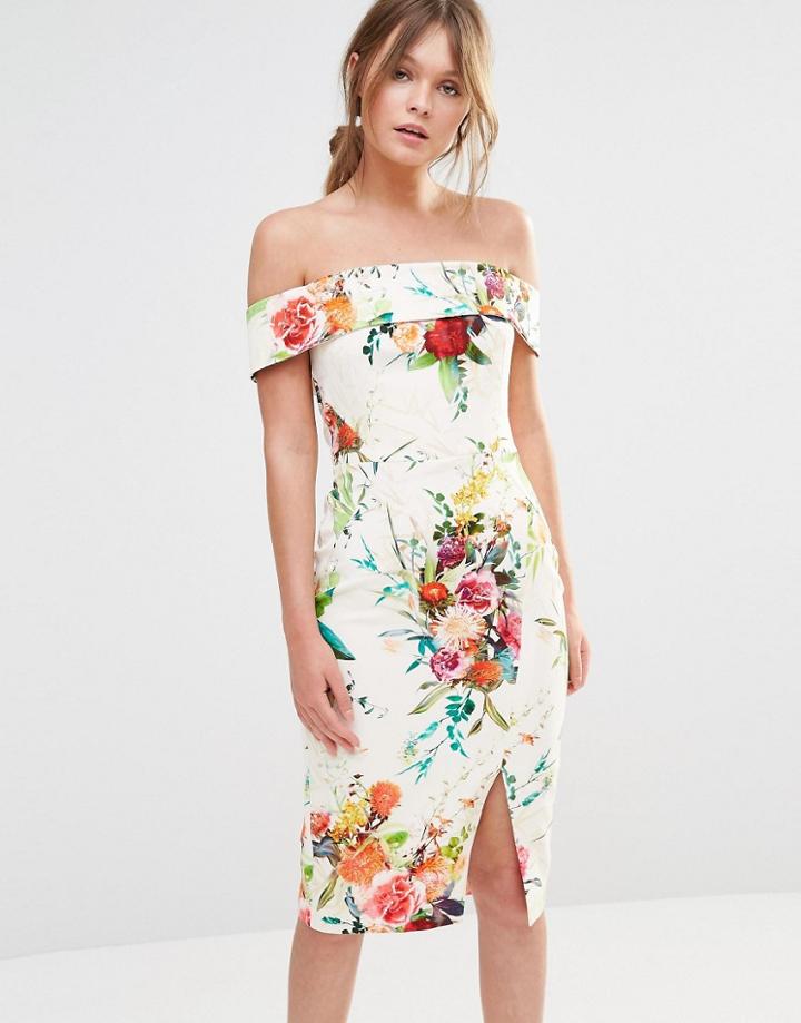 Oasis Floral Bardot Pencil Dress - Ivory