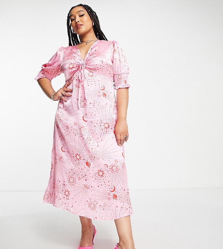 Neon Rose Plus Ruched Bust Midi Tea Dress In Pink Red Celestial Satin