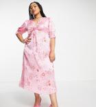 Neon Rose Plus Ruched Bust Midi Tea Dress In Pink Red Celestial Satin