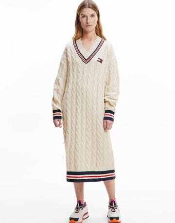 Tommy Jeans V Neck Cricket Sweater Logo Dress In Beige-neutral
