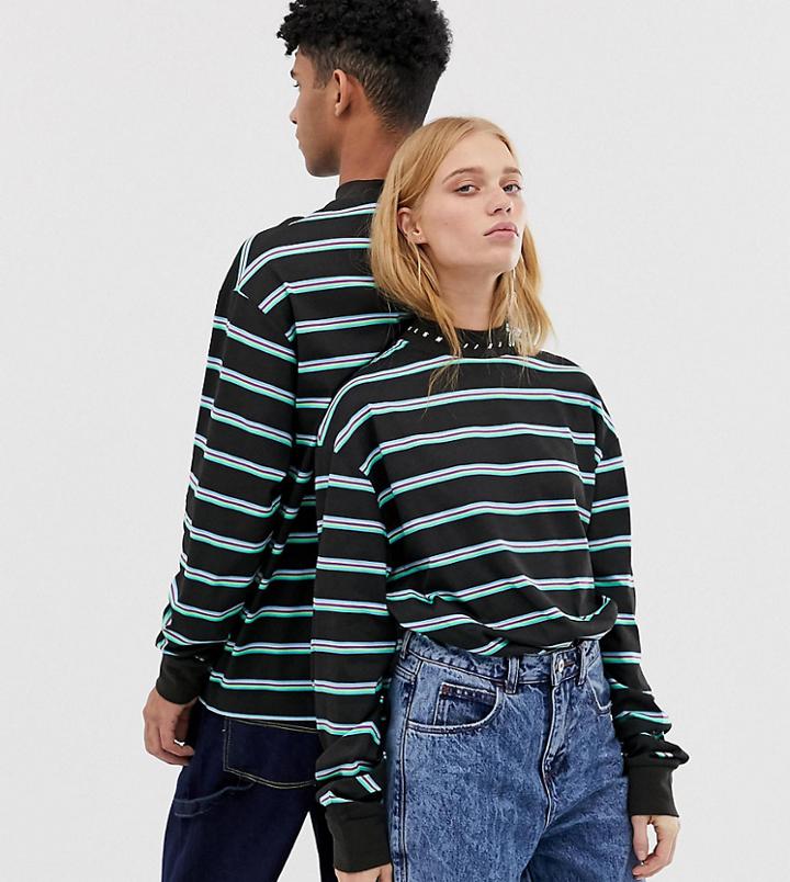 Collusion Unisex Long Sleeve Stripe T-shirt In Black-green