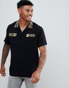 Asos Design Regular Fit Viscose Shirt With Leopard Revere Collar - Black