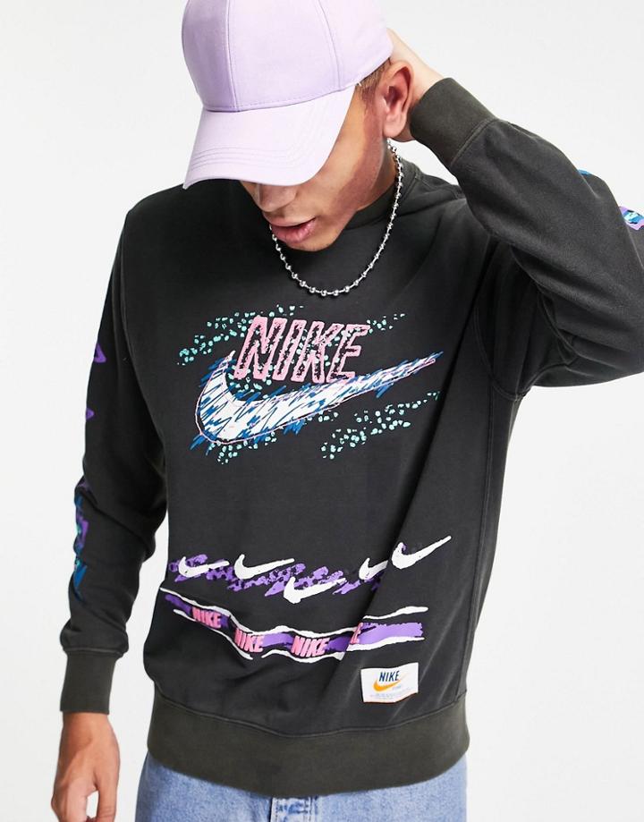 Nike Stories Pack Retro Graphic Acid Wash Crew Neck Sweatshirt In Black