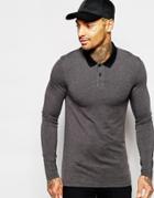 Asos Long Sleeve Muscle Polo With Contrast Collar - Charcoal