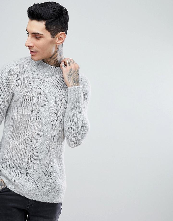 Asos Cable Knit Mohair Wool Blend Sweater In Gray - Gray