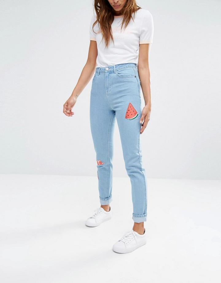 Noisy May Donna Mom Jeans With Summer Patches - Light Blue Denim