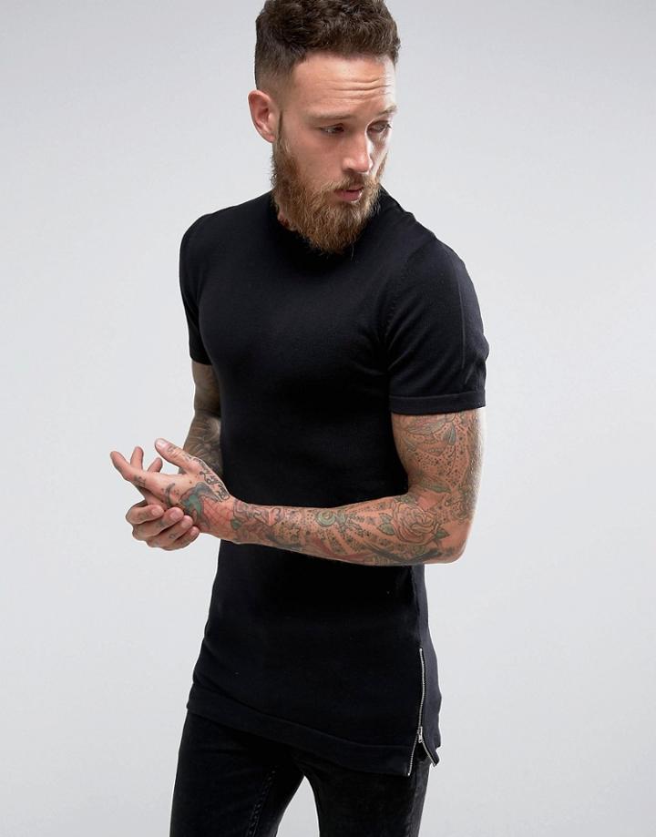 Asos Longline Muscle Fit T-shirt With Side Zips In Black - Black