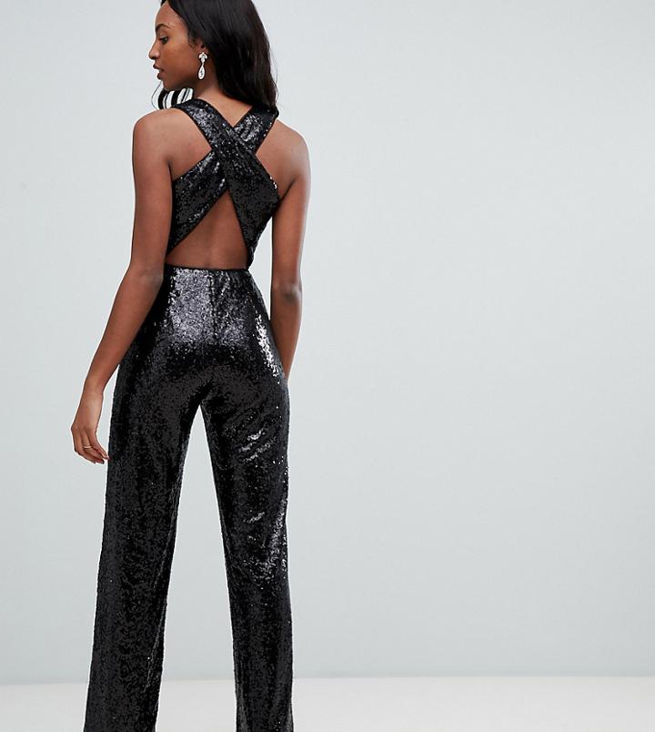 Tfnc Tall Sequin Cross Back Jumpsuit In Black - Black