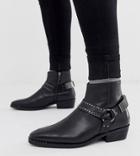 Asos Design Wide Fit Stacked Heel Western Chelsea Boots In Black Leather With Studding And Hardware Detail - Black