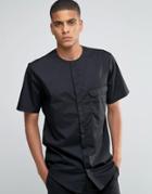 Asos Collarless Military Shirt In Black With Short Sleeves In Regular Fit - Black