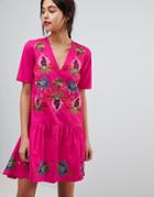 Asos Short Sleeve Embroidered Drop Waist Mini Dress-pink