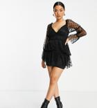 Asos Design Petite Textured Mesh Long Sleeve Ruched Pep Hem Mini Dress In Black