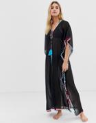 America & Beyond Pom Pom Lace Black Long Beach Caftan