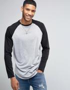 Asos Longline Long Sleeve T-shirt With Contrast Raglan And Curve Hem - Gray