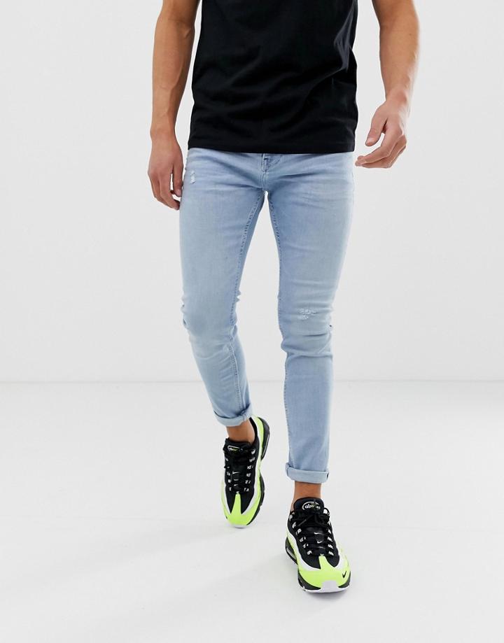Bershka Join Life Super Skinny Jeans In Light Blue With Abrasions - Blue
