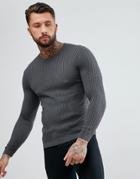 Asos Lightweight Muscle Fit Cable Knit Sweater In Charcoal - Gray