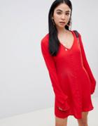 Missguided Button Down Flare Sleeve Skater Dress In Red - Red
